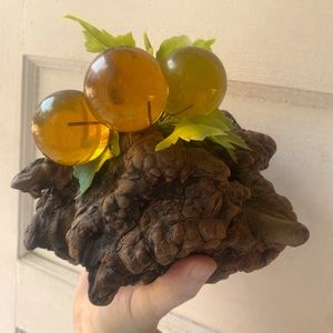 Mid-Century Modern 12” Lucite Acrylic Amber Grapes Cluster Burl Wood